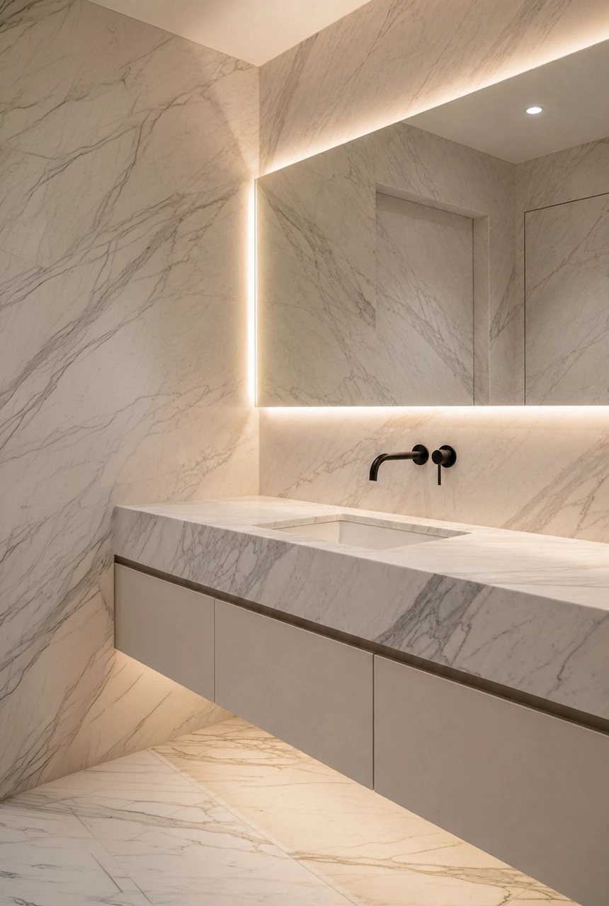 X4 Design and Build luxury bathroom project with white marble walls, floating vanity, concealed lighting, large mirror, and modern black sanitary fittings