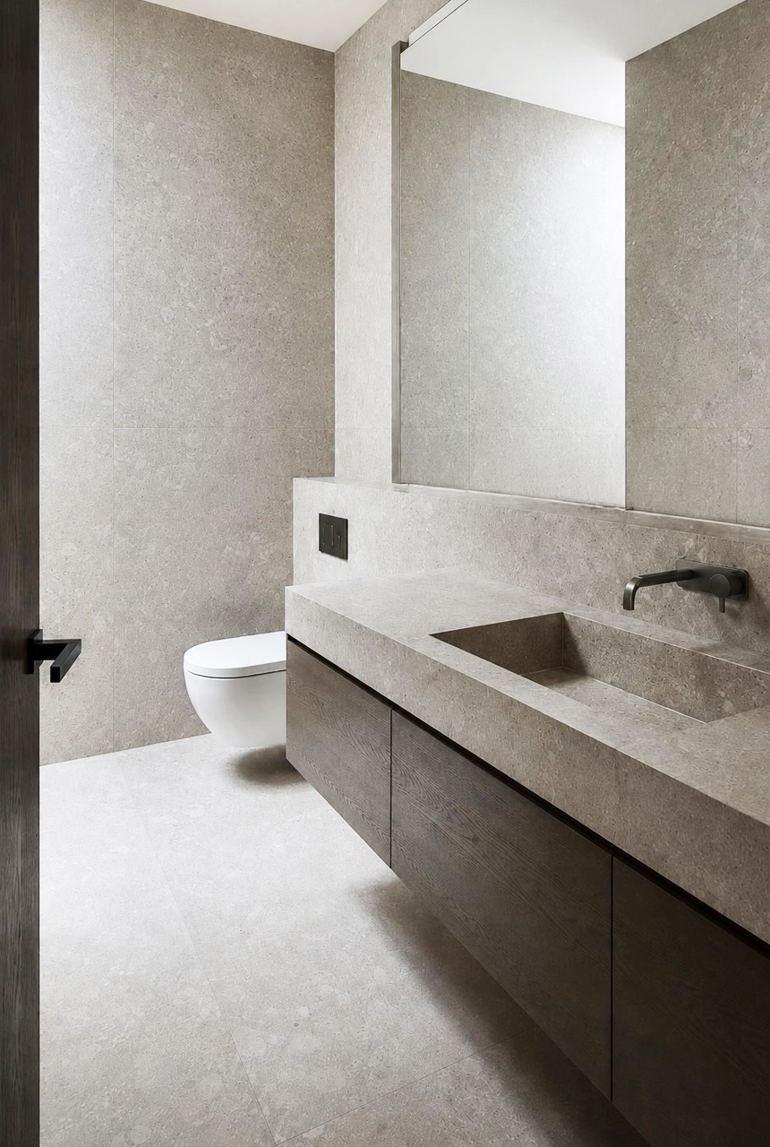X4 Design and Build contemporary grey bathroom project with wall mounted vanity, large mirror, concealed cistern, and modern wall mixer