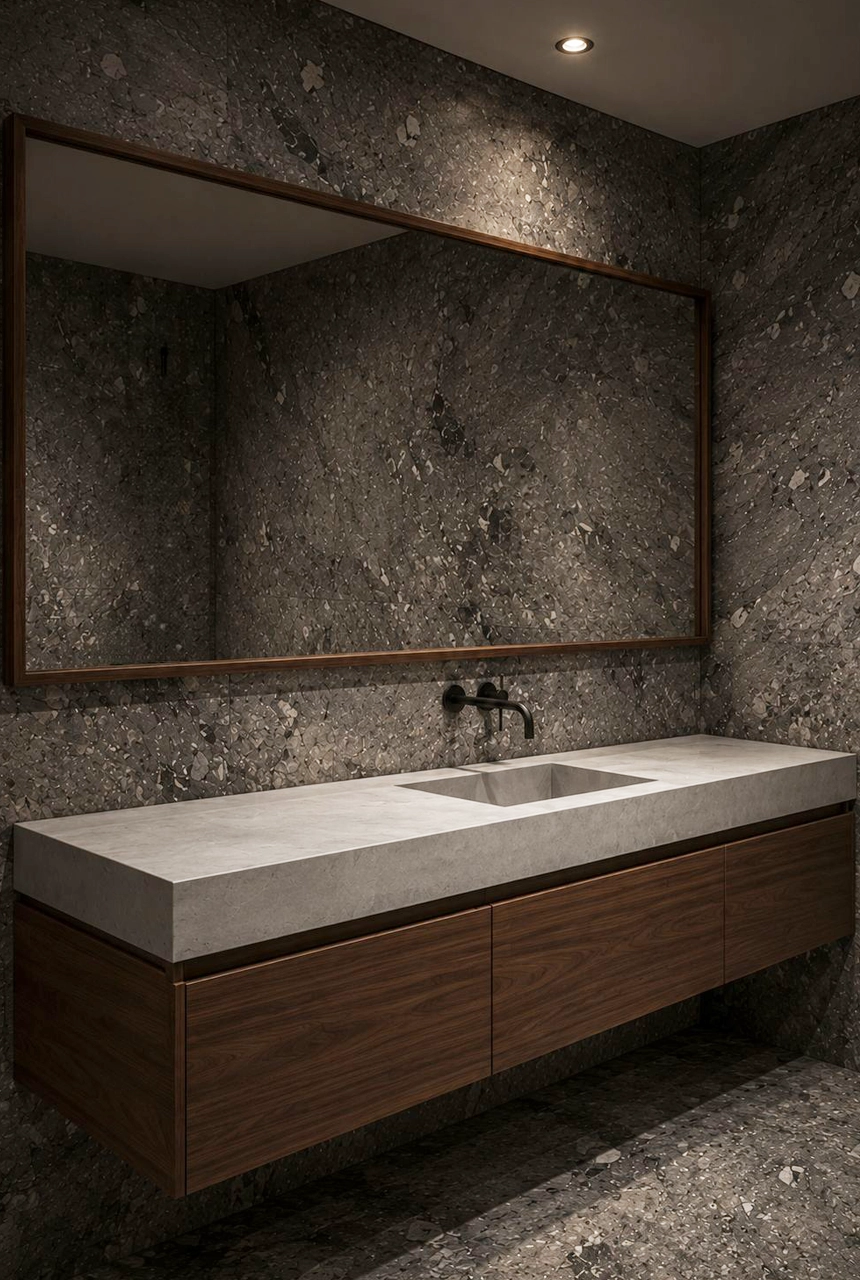 X4 Design and Build luxury dark stone bathroom project with walnut vanity cabinet, large mirror, wall mounted basin mixer, and refined marble finishing