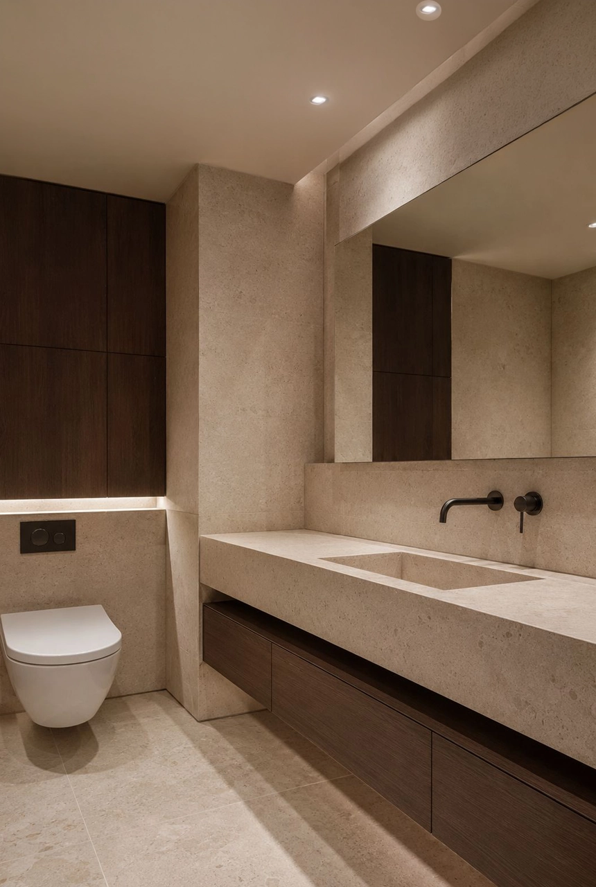 X4 Design and Build elegant bathroom project with natural stone vanity, walnut wood cabinet, large mirror, wall mixer, and integrated toilet area