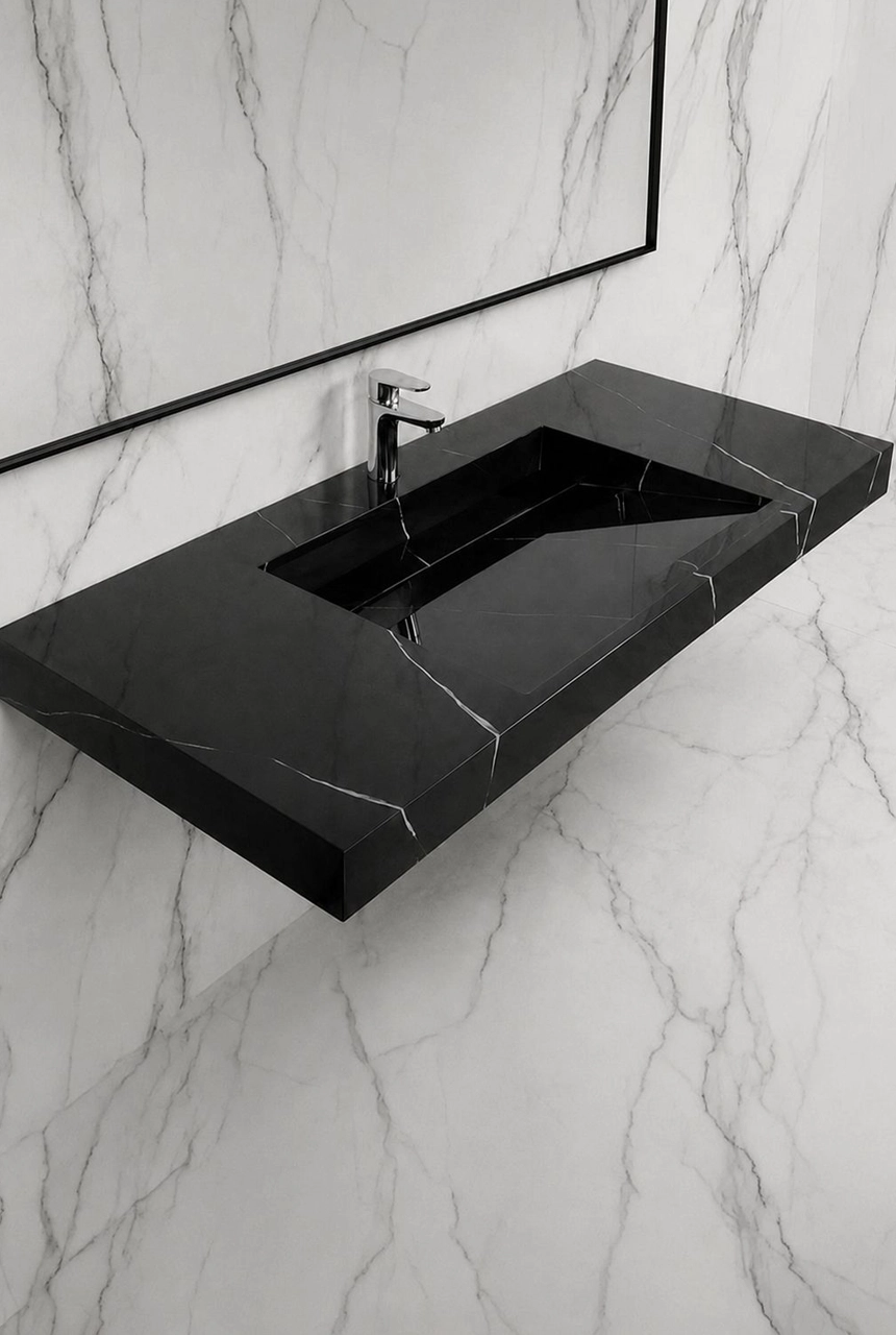 X4 Design and Build black marble floating wash basin with white marble wall, chrome faucet, large mirror, and luxury bathroom countertop detail