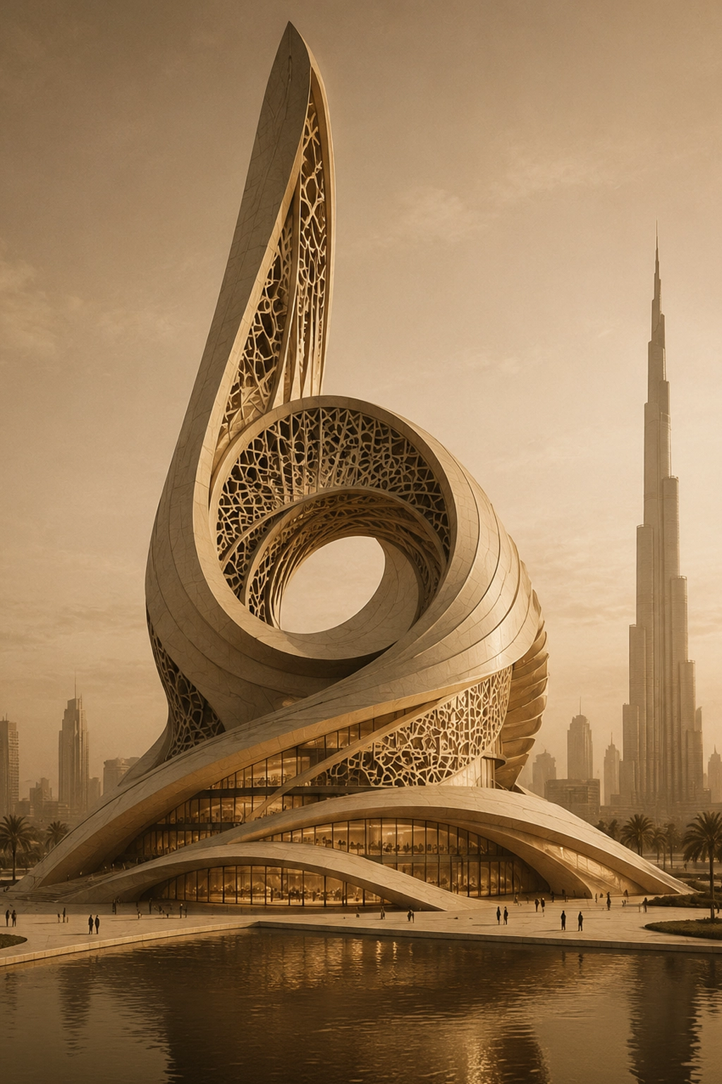 Nidal Yazbek Future Concept Aurevia Icon in Dubai with organic sculptural architecture, golden futuristic form, waterfront reflection, palm landscape, and visionary landmark design