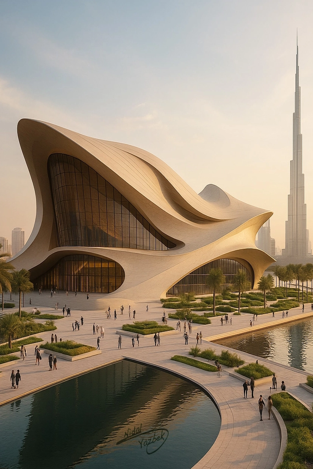 Nidal Yazbek Future Concept Nexora Opera House in Dubai with sculptural flowing architecture, waterfront plaza, Burj Khalifa skyline, and futuristic cultural landmark design