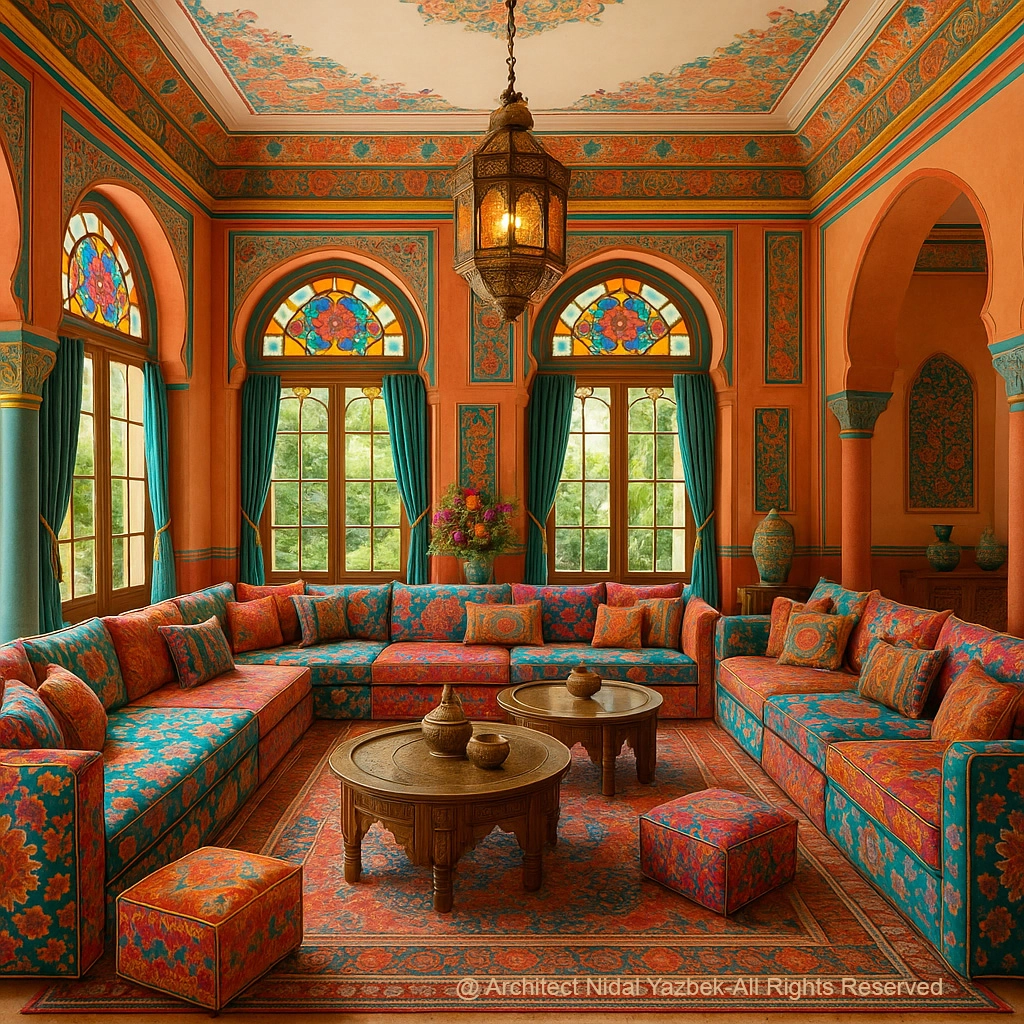 Nidal Yazbek heritage architecture rendering traditional oriental living room colorful textiles carved ceiling arched windows cultural luxury interior visualization