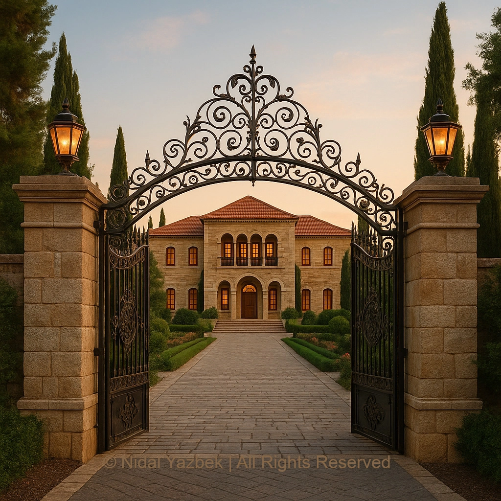 Nidal Yazbek heritage architecture rendering traditional villa courtyard arabesque details stone walls arches plants wooden windows luxury cultural design
