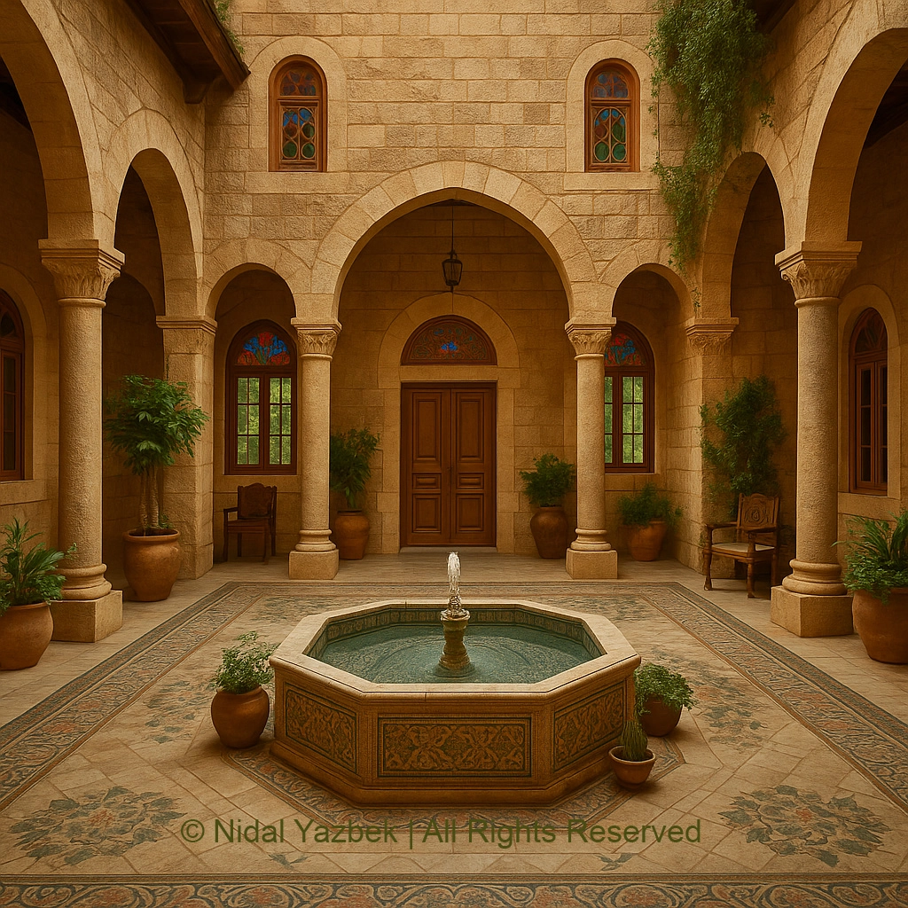 Nidal Yazbek heritage architecture rendering traditional courtyard fountain stone paving arches columns wooden doors cultural luxury house visualization