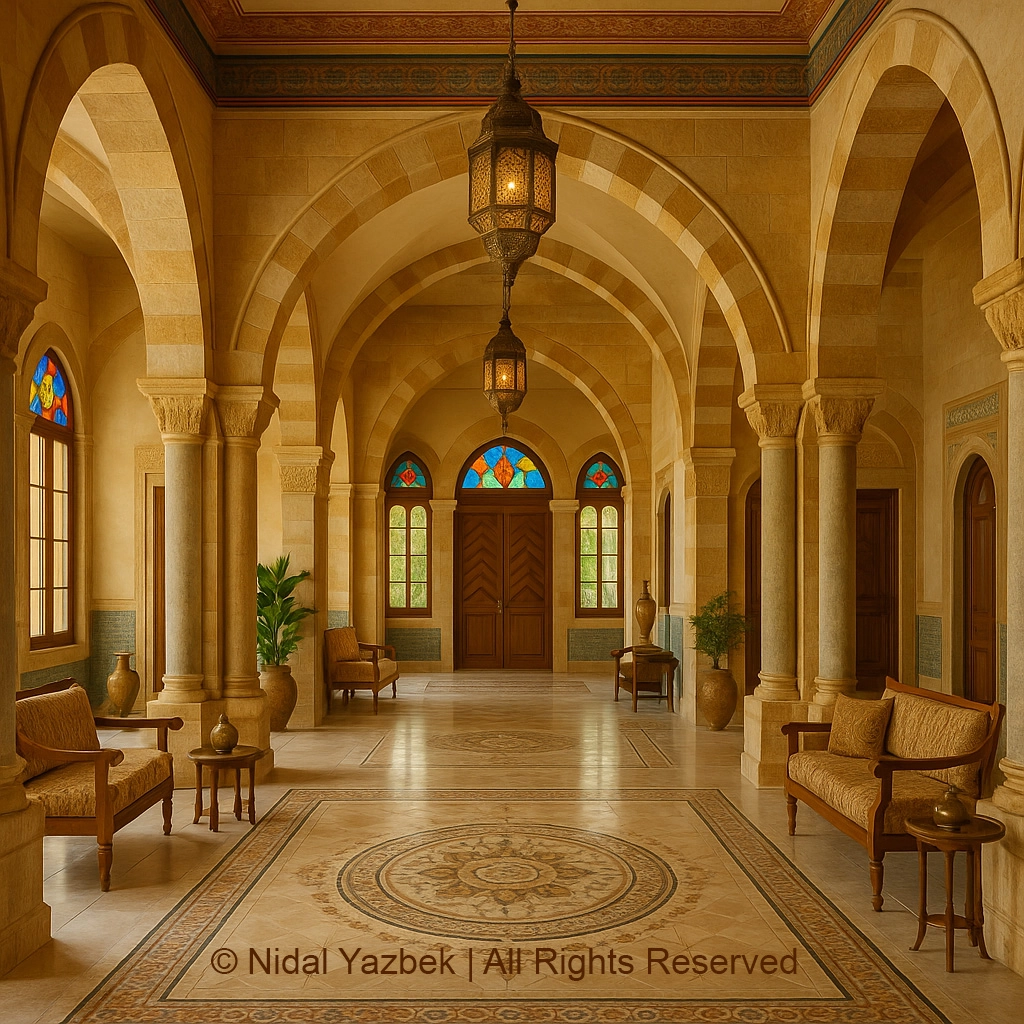Nidal Yazbek heritage architecture rendering traditional arched hallway stone walls old house lanterns warm atmosphere cultural architecture visualization