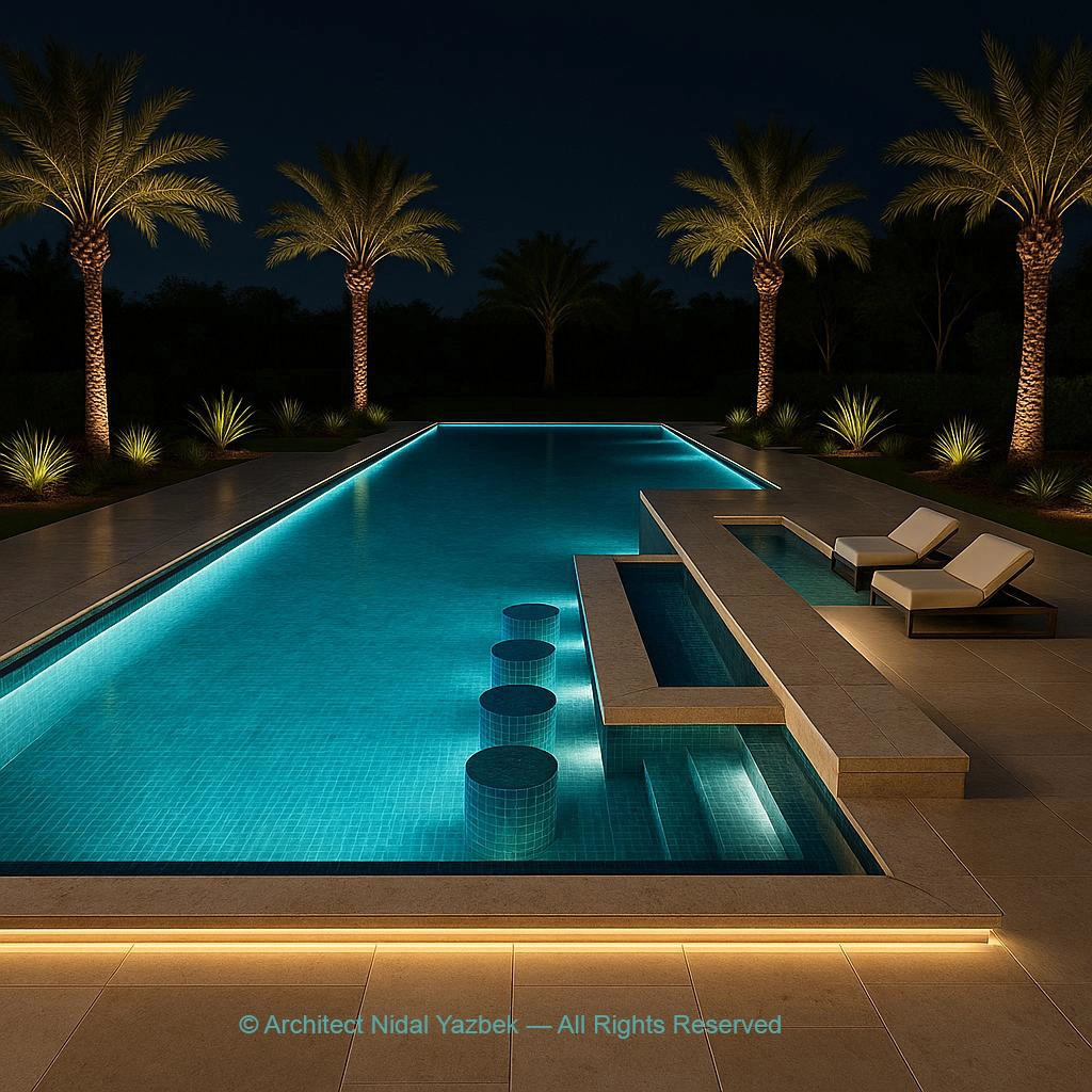 Nidal Yazbek luxury pool rendering with wide illuminated swimming pool, palm tree landscape, floating stepping pads, sun loungers, night lighting, and peaceful resort-style outdoor design