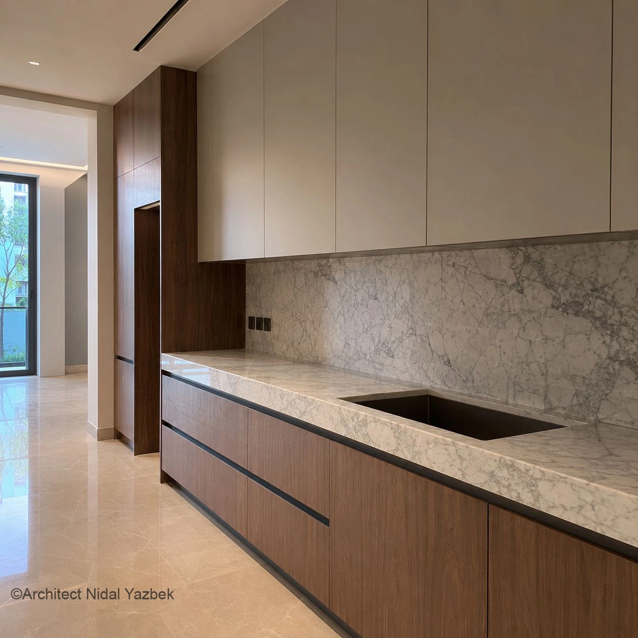 X4 Design and Build marble kitchen worktop, marble backsplash, wood cabinetry, sink cut-out, clean edge finishing, luxury kitchen fit-out, natural stone countertop
