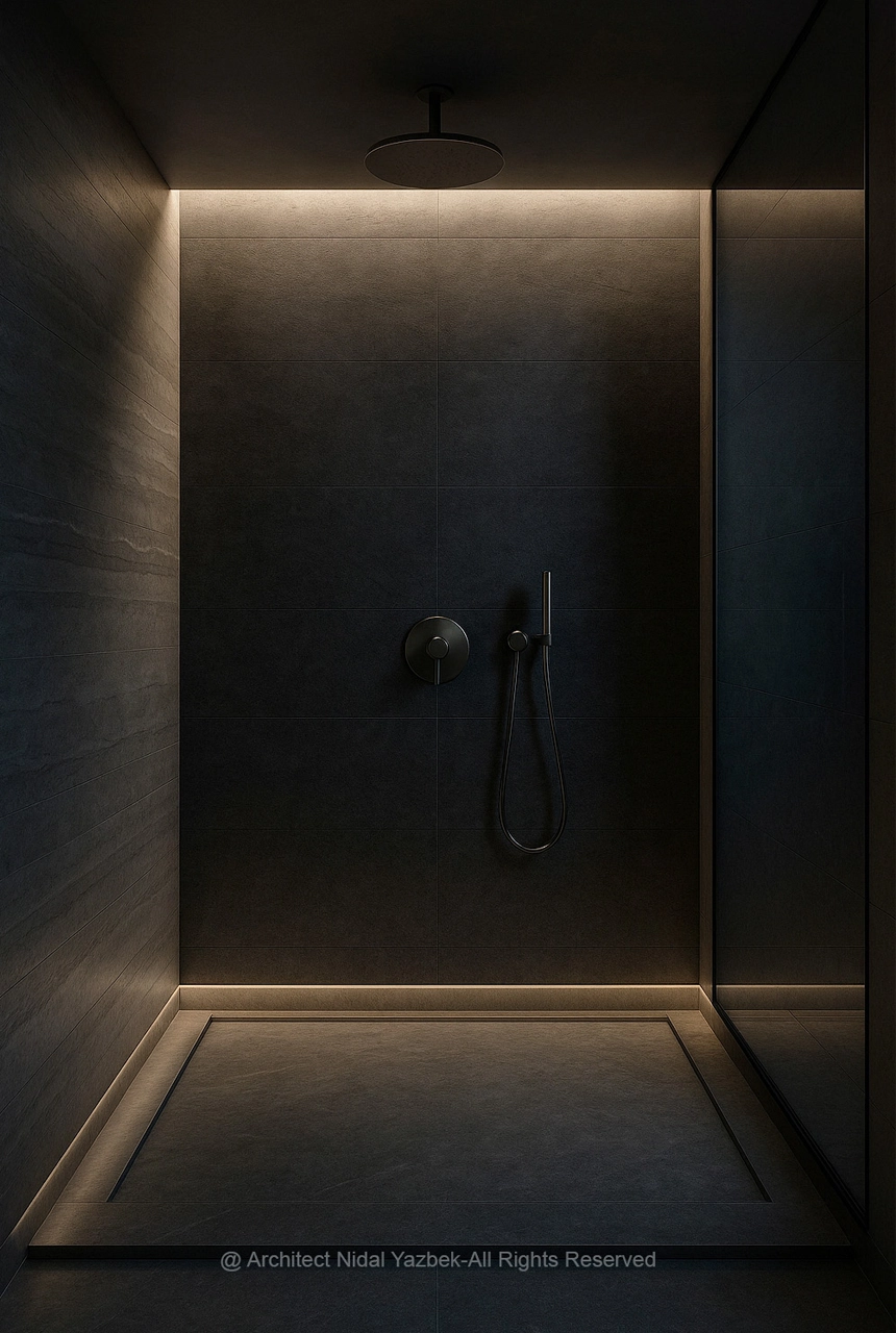 X4 Design and Build luxury shower rendering dark stone shower, concealed lighting, rain shower, black fittings, glass partition, modern bathroom visualization, 3D rendering