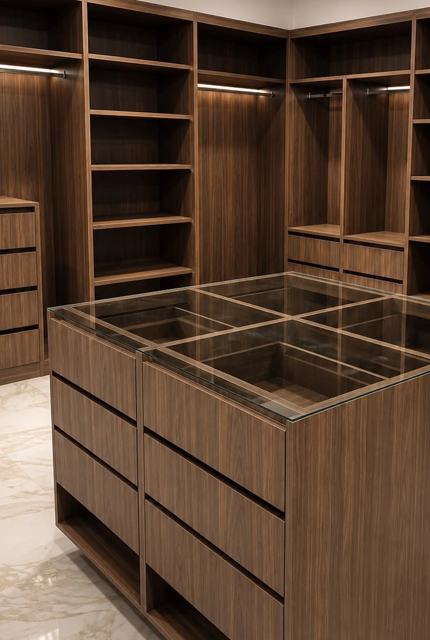 X4 Design and Build walnut-toned walk-in closet island with glass top drawers, open shelving, LED lighting, and luxury joinery execution